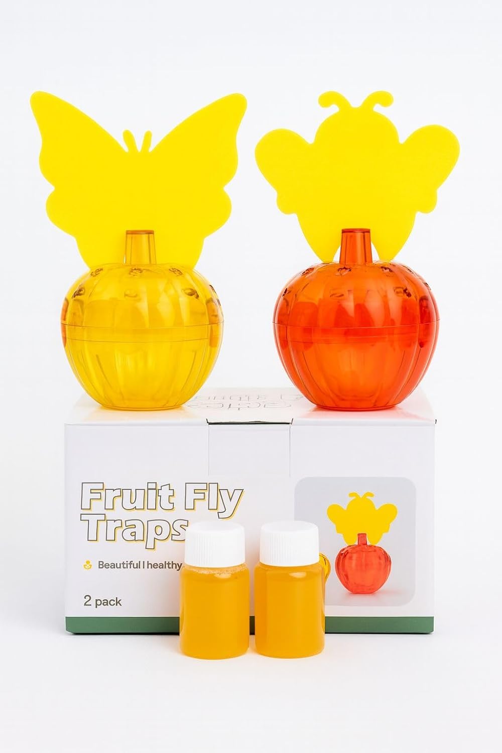 Premium Fruchtfliegenfalle 2er Set 3-in-1 Falle mit Wirksamkeits-Garantie Lockmittel, Gelbtafel & Falle – leicht zu reinigen & hocheffektiv bei Fruchtfliegen für Küche, Obstschalen, Müll & Essbereich